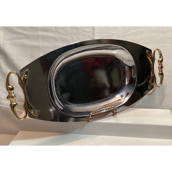 Kromex MCM Silver Serving Bar Tray Dish Platter Gold Metal Handles Mid Century - Picture 5 of 11